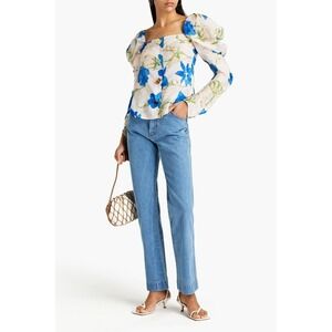 NWT Rejina Pyo Maya Blouse Womens L Blue Floral Puff Sleeve Maximalist Artsy‎